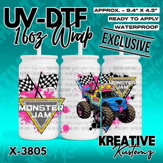 A Monster Jam themed UV DTF adhesive wrap for a 16oz glass can cup.