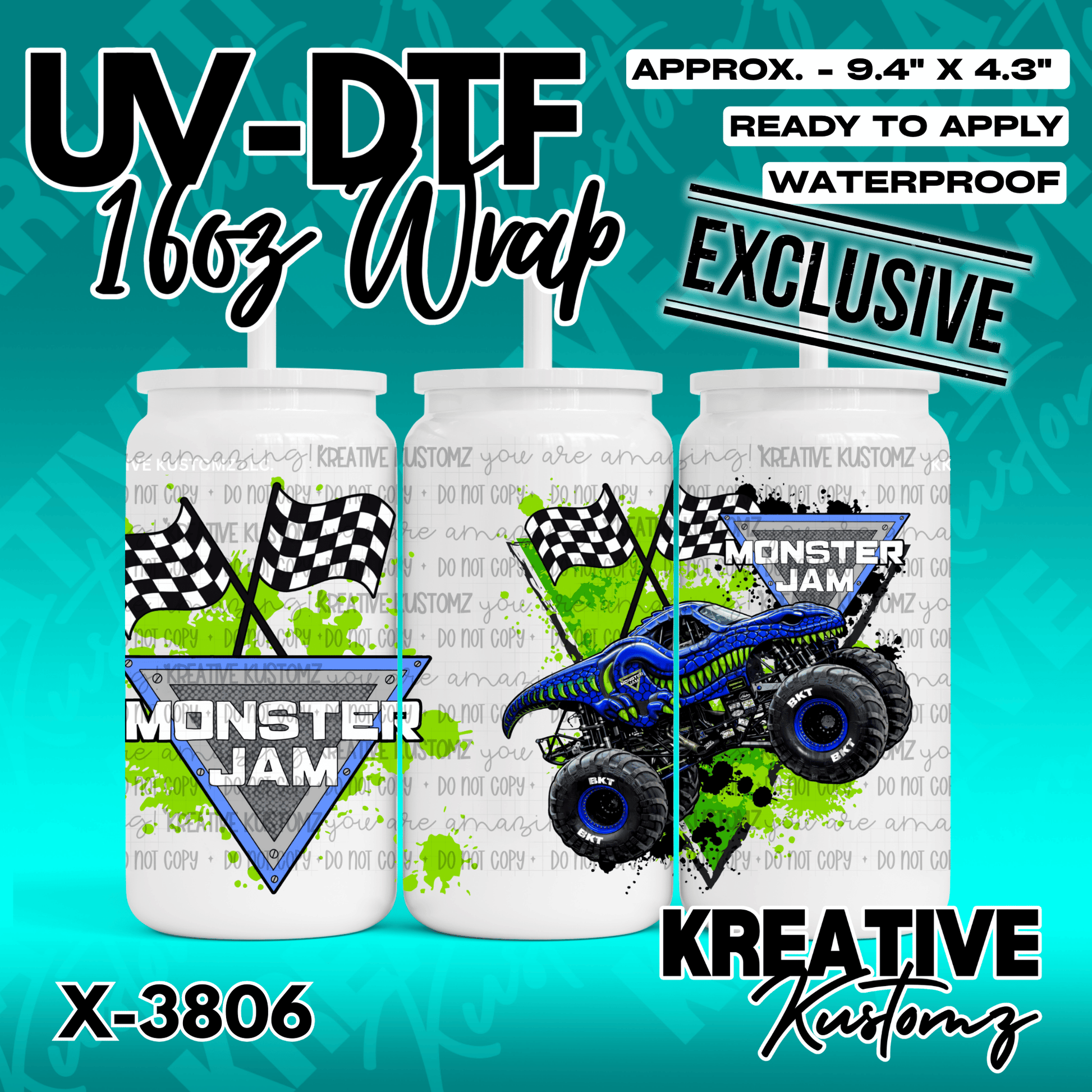 A Monster Jam themed UV DTF adhesive wrap for a 16oz glass can featuring a blue monster truck.