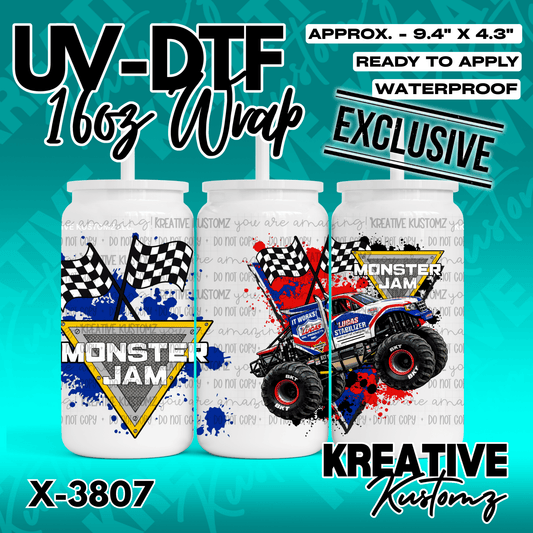 A Monster Jam themed UV DTF adhesive wrap for 16oz glass cans featuring a monster truck design.