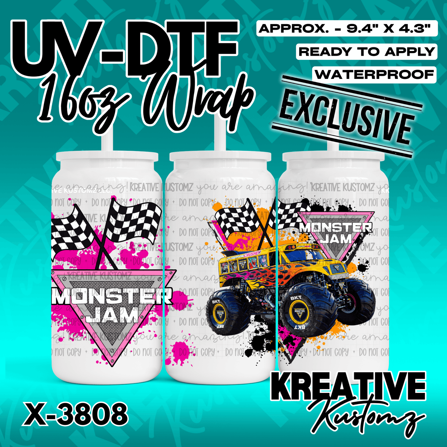 A Monster Jam themed UV DTF wrap for a 16oz glass can featuring a monster truck and flags.