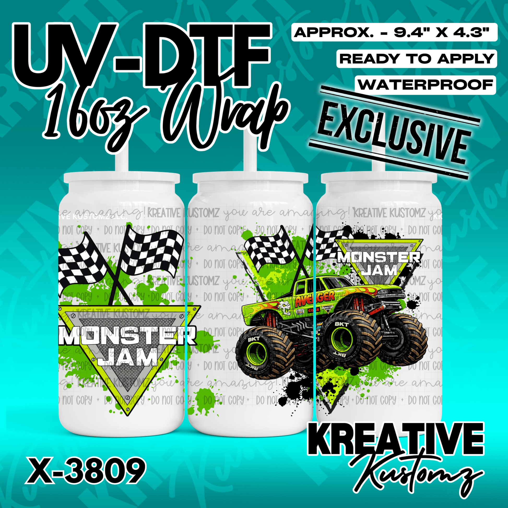 A Monster Jam themed UV DTF adhesive wrap for a 16oz glass can featuring a green monster truck.