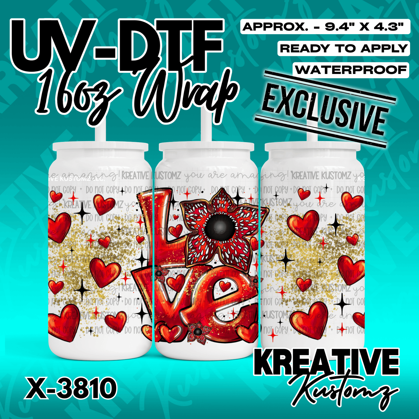 A UV DTF adhesive cup wrap featuring a red love design with hearts and a demogorgon flower.