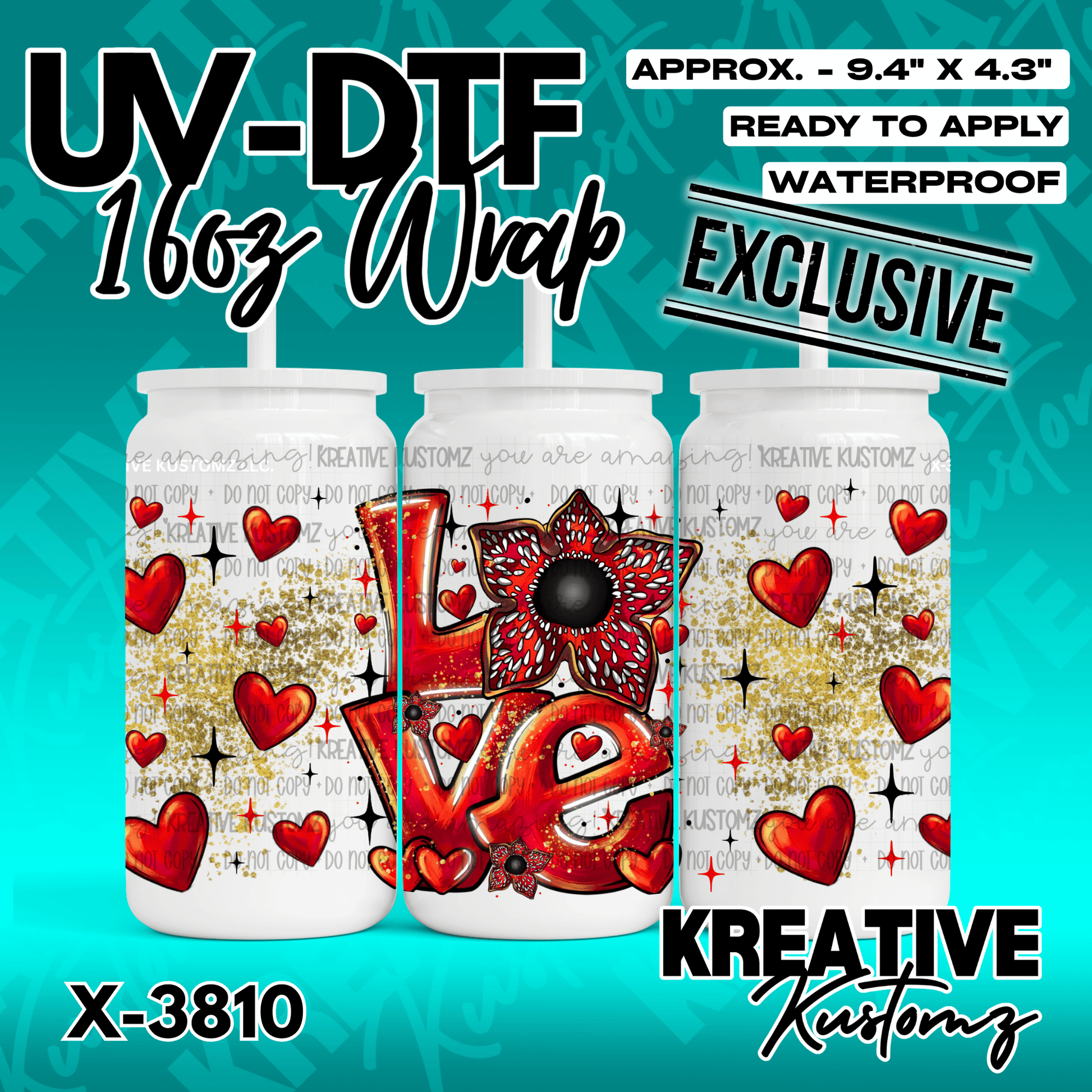 A UV DTF adhesive cup wrap featuring a red love design with hearts and a demogorgon flower.