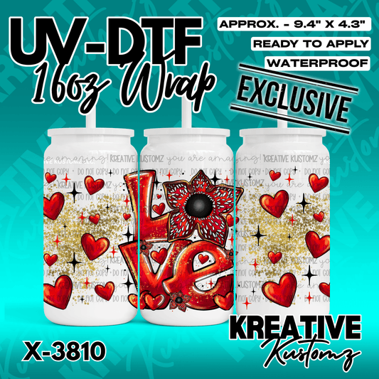 A UV DTF adhesive cup wrap featuring a red love design with hearts and a demogorgon flower.