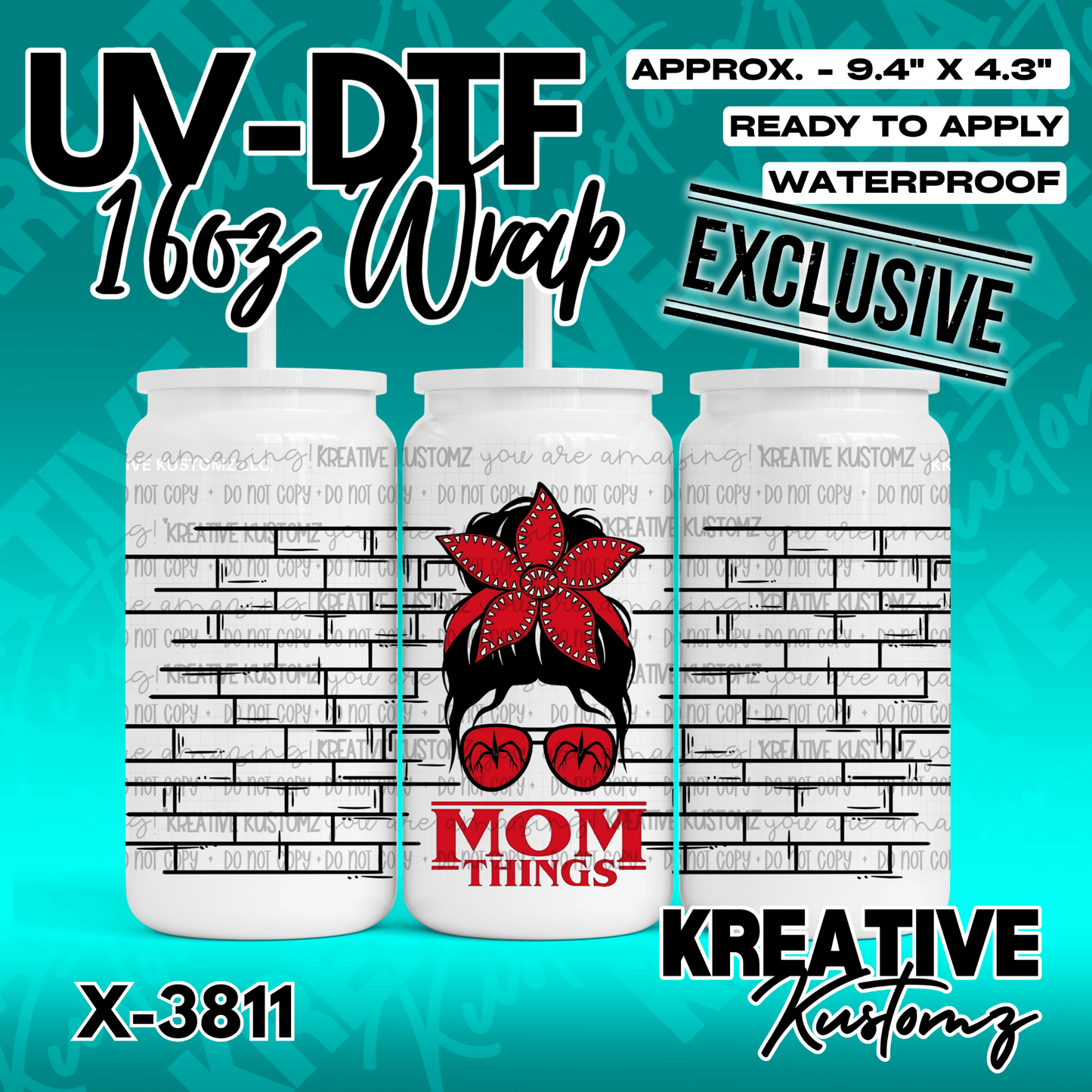 A UV DTF adhesive wrap for a 16oz glass can featuring a brick wall pattern and a mom graphic.