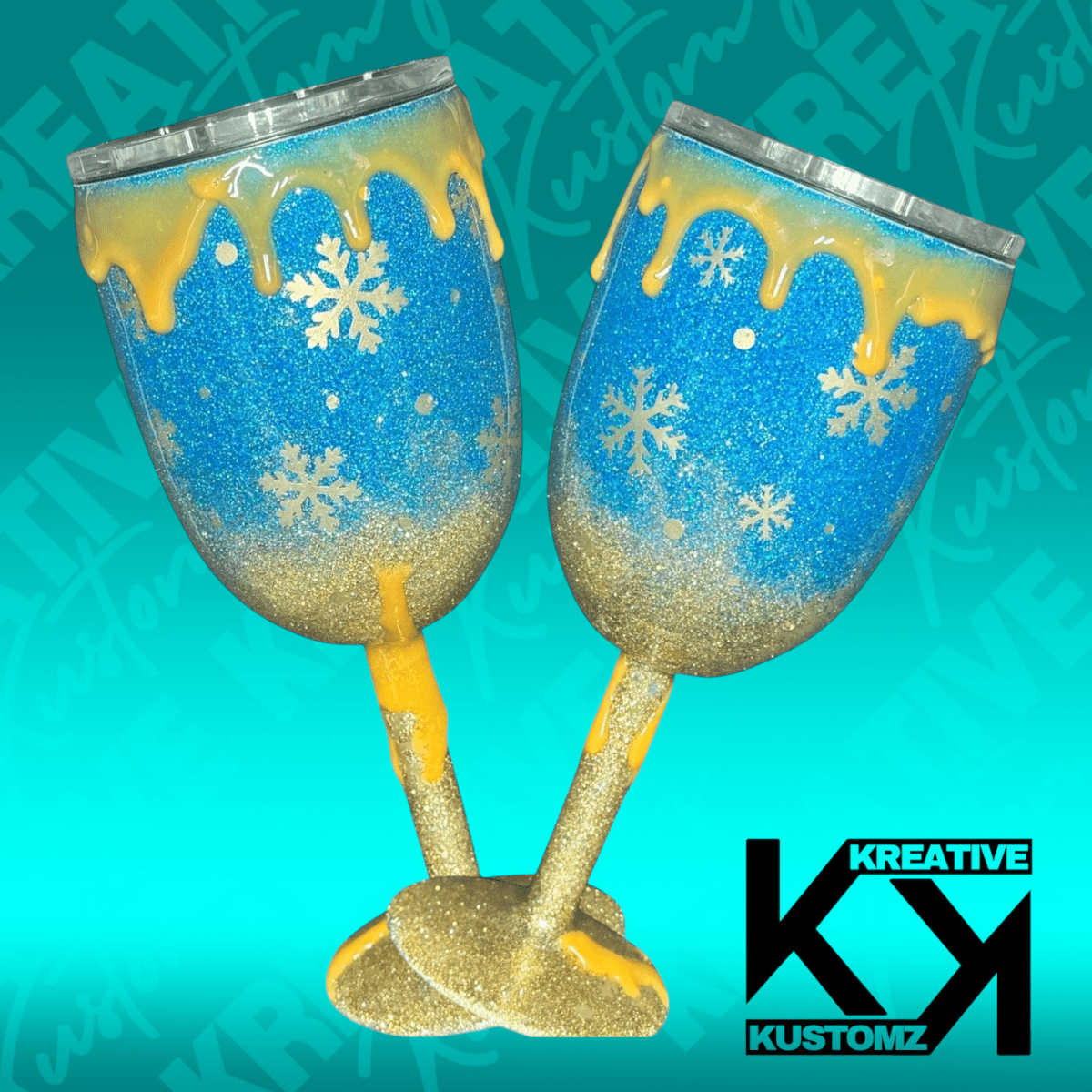 Blue and Gold Snowflake Drip 1 - 12oz Wine Glass - Kreative Kustomz