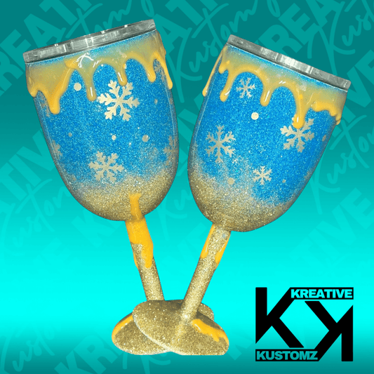 Blue and Gold Snowflake Drip 1 - 12oz Wine Glass - Kreative Kustomz