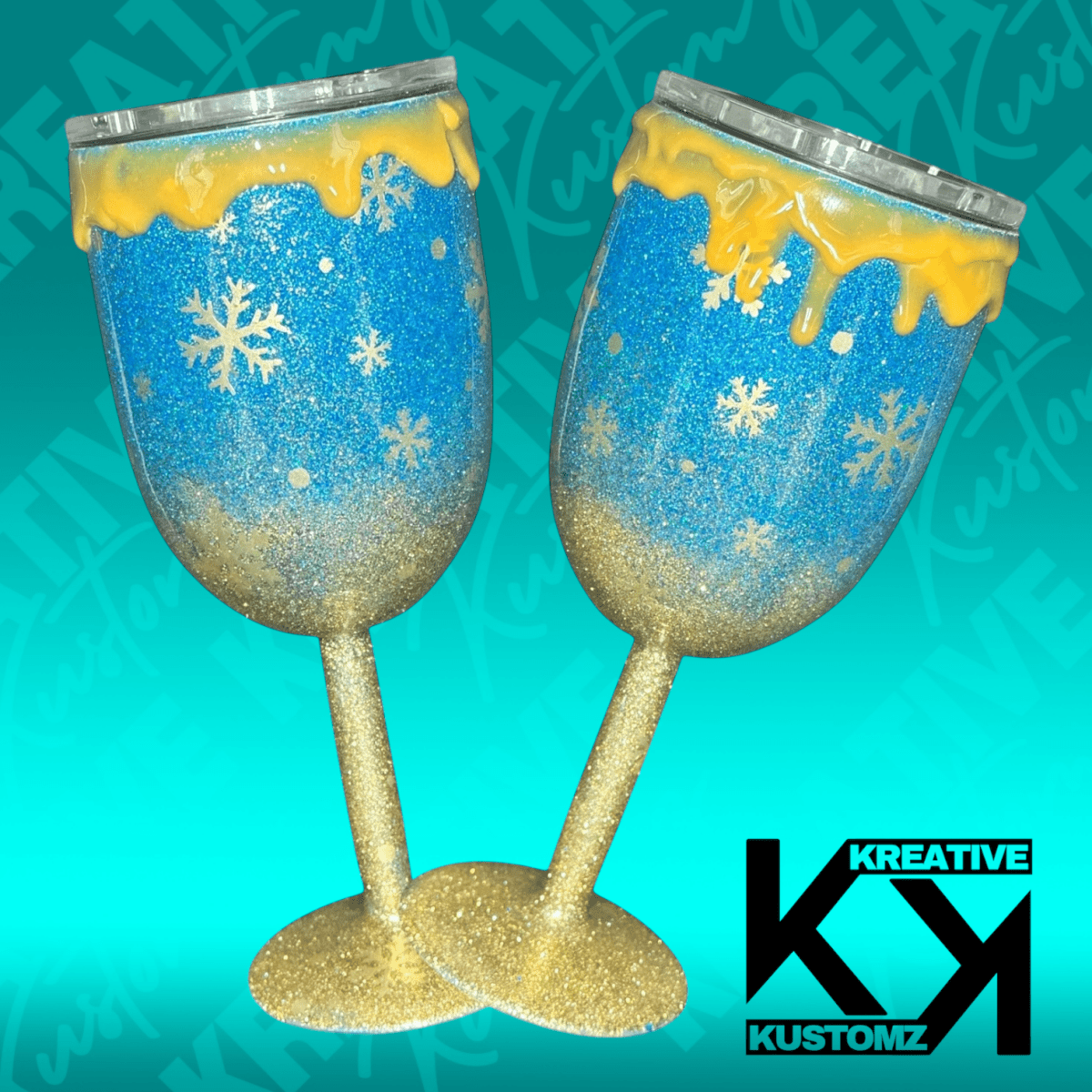 Blue and Gold Snowflake Drip 2 - 12oz Wine Glass - Kreative Kustomz
