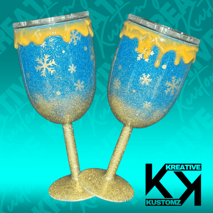 Blue and Gold Snowflake Drip 2 - 12oz Wine Glass - Kreative Kustomz