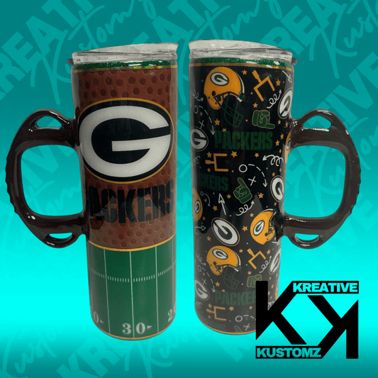 Green & Gold Football Handle Tumbler - 20oz - Kreative Kustomz