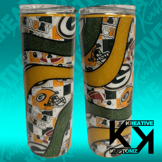 Green & Gold Groovy Packer Football Tumbler - 20oz - Kreative Kustomz