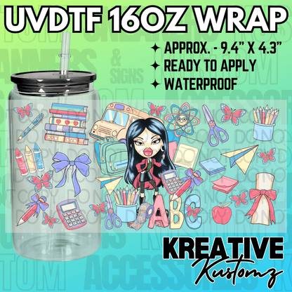 A school-themed UV DTF adhesive wrap featuring a doll, stationery, and butterflies for a glass cup.