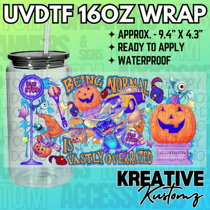 A Halloween-themed UV DTF adhesive wrap for a 16oz glass can featuring Stitch and pumpkins.