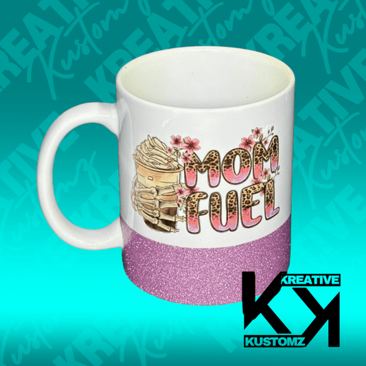 Mom Fuel 11oz Mug - Pink Glitter - Kreative Kustomz