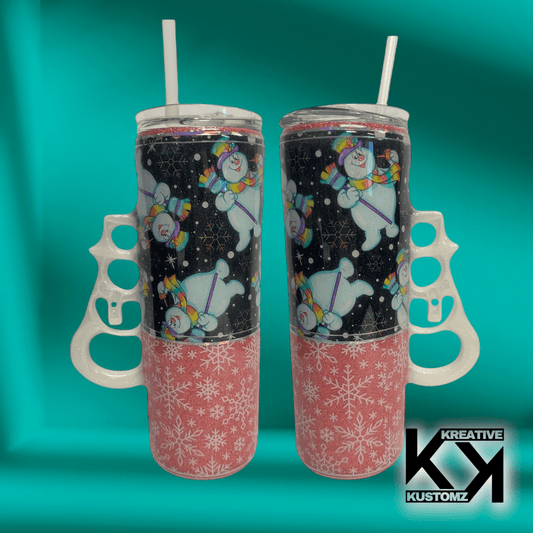 Snowman Handle Tumbler - Pink and White, for Drinking and On - The - Go, Bottle, Drinkware - Kreative Kustomz