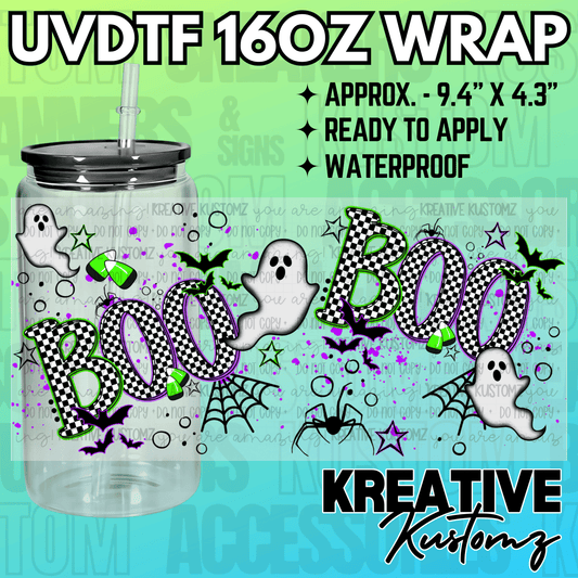 A Halloween themed adhesive wrap featuring ghosts, bats, and checkered text for a glass cup.