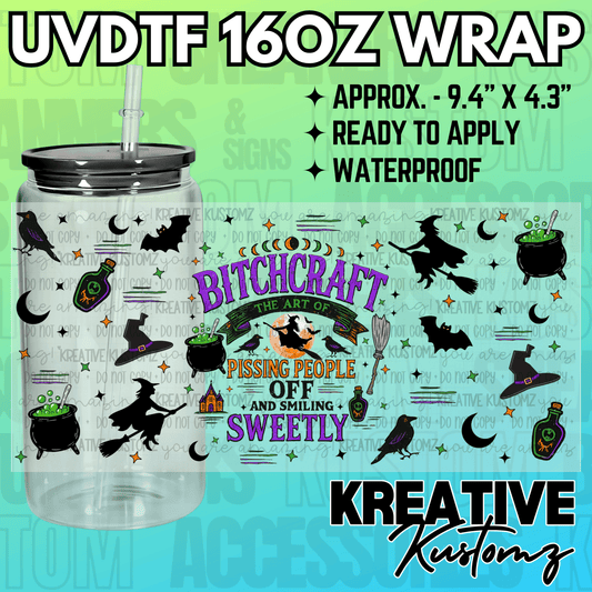 A Halloween themed adhesive cup wrap featuring witches, cauldrons, and the text Bitchcraft.